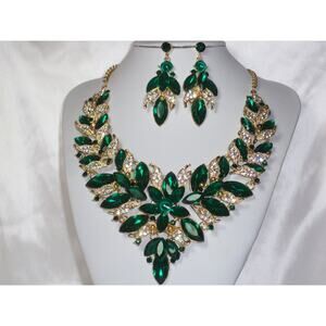 Green rhinestone statement necklace set, wedding necklace, bridal  prom necklace